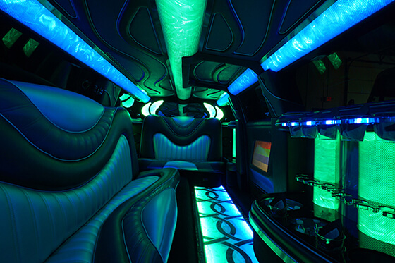 Neon lights in a plano limousine