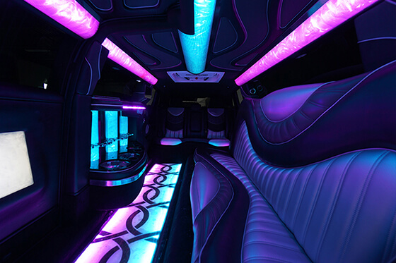 Colorful roof lights in a Fort Worth limo